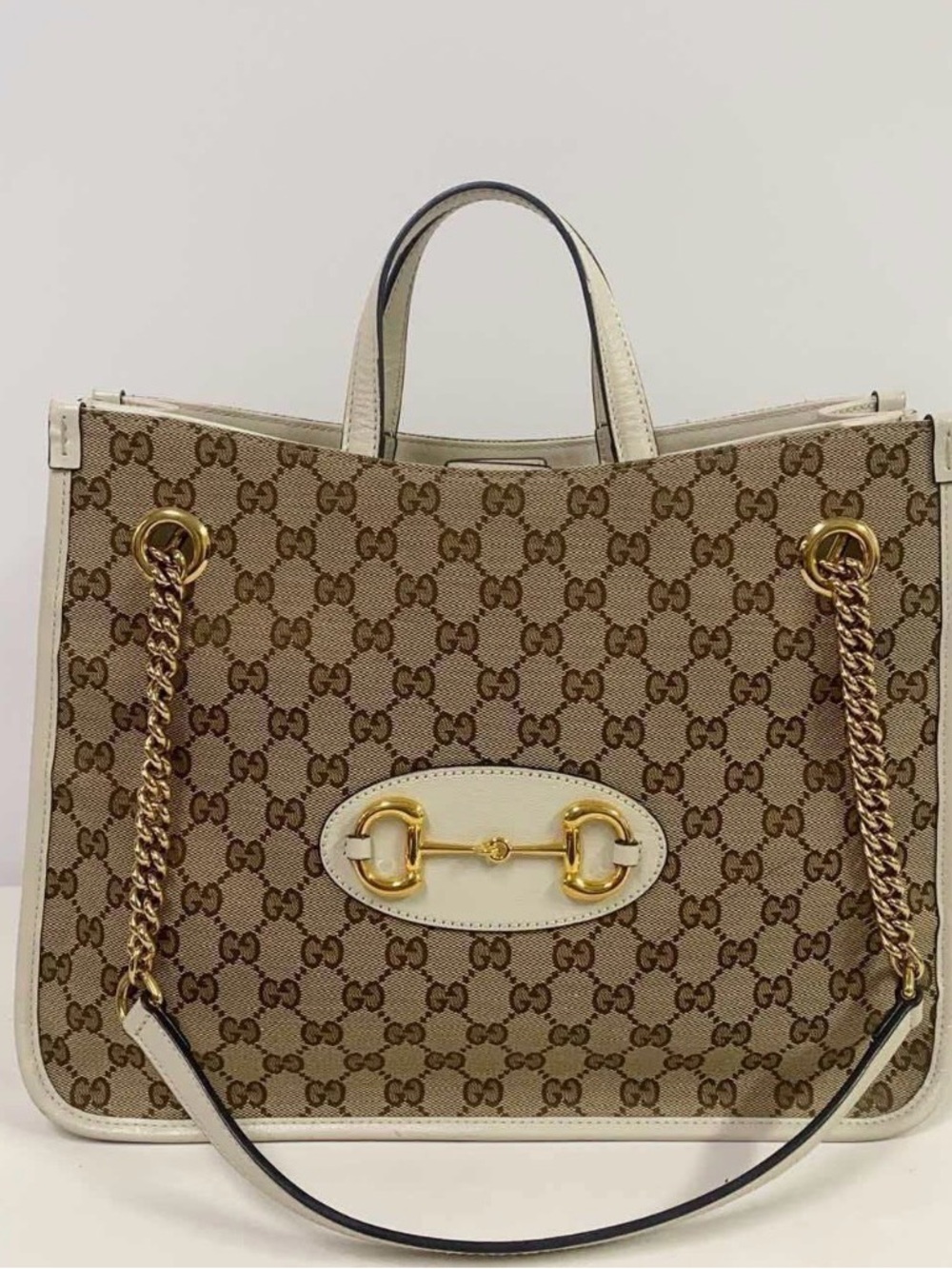 Gucci Beige Monogram Tote with White Trim and Gold Hardware